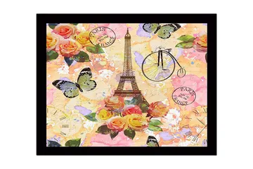 Innrammet lerretsbilde i tre - 41x56 cm - Eiffeltårnet omgitt av fargerike blomster og sommerfugler - Rosa / Gul / Grønn - Interiør - Maleri & posters - Lerretsbilder