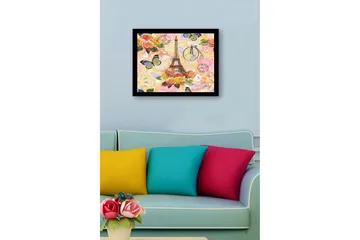 Innrammet lerretsbilde i tre - 41x56 cm - Eiffeltårnet omgitt av fargerike blomster og sommerfugler - Rosa / Gul / Grønn - Interiør - Maleri & posters - Lerretsbilder