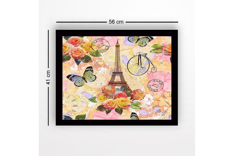 Innrammet lerretsbilde i tre - 41x56 cm - Eiffeltårnet omgitt av fargerike blomster og sommerfugler - Rosa / Gul / Grønn - Interiør - Maleri & posters - Lerretsbilder
