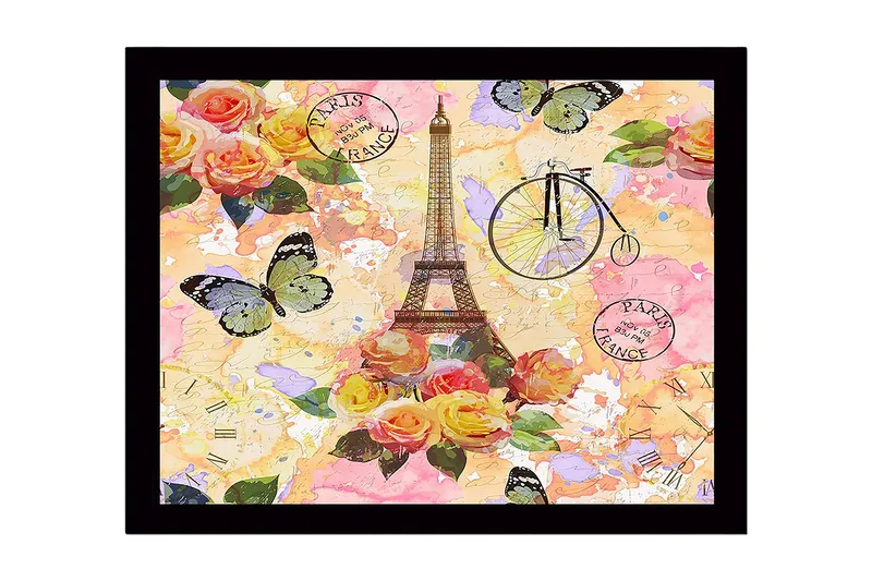 Innrammet lerretsbilde i tre - 41x56 cm - Eiffeltårnet omgitt av fargerike blomster og sommerfugler, Rosa / Gul / Grønn