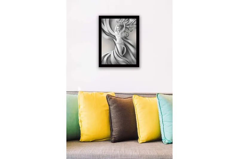Innrammet lerretsbilde i tre - 41x56 cm - Elegant figur med svevende draperier og flagrende hår - Grå / Hvit / Svart - Interiør - Maleri & posters - Lerretsbilder