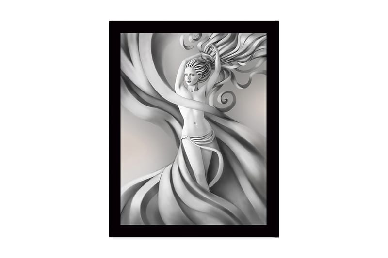 Innrammet lerretsbilde i tre - 41x56 cm - Elegant figur med svevende draperier og flagrende hår, Grå / Hvit / Svart