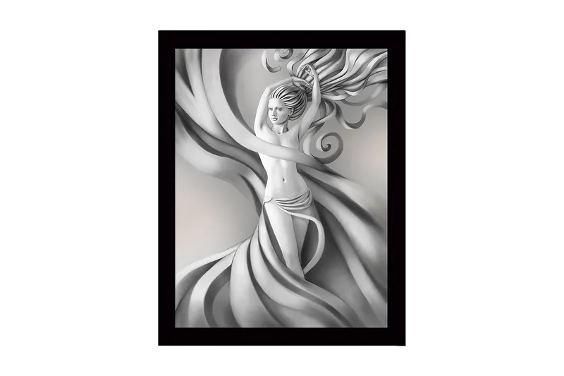 Innrammet lerretsbilde i tre - 41x56 cm - Elegant figur med svevende draperier og flagrende hår, Grå / Hvit / Svart