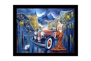 Innrammet lerretsbilde i tre - 41x56 cm - Elegant kvinne i rød kjole ved en klassisk bil i urbane omgivelser - Rød / Svart / Blå - Interiør - Maleri & posters - Lerretsbilder