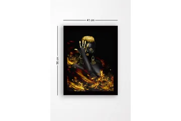 Innrammet lerretsbilde i tre - 41x56 cm - Elegant kvinne med gulldetaljer og svart bakgrunn - Svart / Gull - Interiør - Maleri & posters - Lerretsbilder