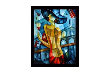 Innrammet lerretsbilde i tre - 41x56 cm - Elegant kvinne med vinglass i fargerike omgivelser - Blå / Rød / Gul - Interiør - Maleri & posters - Lerretsbilder