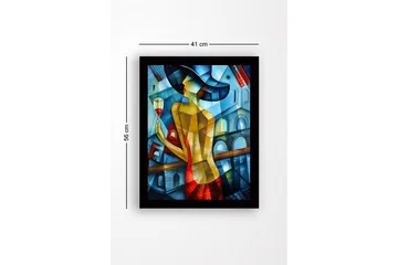 Innrammet lerretsbilde i tre - 41x56 cm - Elegant kvinne med vinglass i fargerike omgivelser - Blå / Rød / Gul - Interiør - Maleri & posters - Lerretsbilder