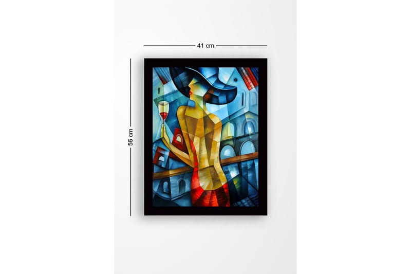 Innrammet lerretsbilde i tre - 41x56 cm - Elegant kvinne med vinglass i fargerike omgivelser - Blå / Rød / Gul - Interiør - Maleri & posters - Lerretsbilder