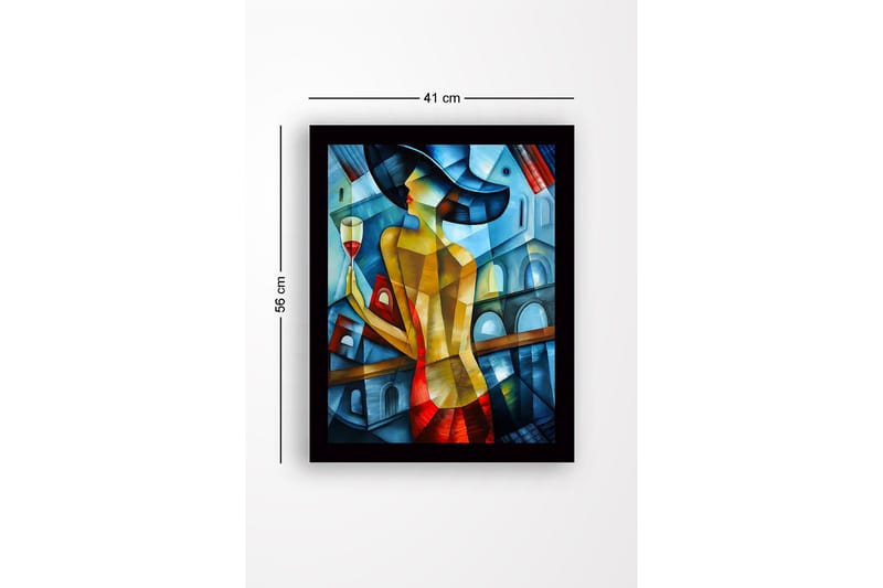 Innrammet lerretsbilde i tre - 41x56 cm - Elegant kvinne med vinglass i fargerike omgivelser - Blå / Rød / Gul - Interiør - Maleri & posters - Lerretsbilder