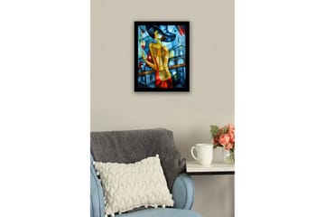 Innrammet lerretsbilde i tre - 41x56 cm - Elegant kvinne med vinglass i fargerike omgivelser - Blå / Rød / Gul - Interiør - Maleri & posters - Lerretsbilder