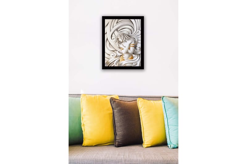 Innrammet lerretsbilde i tre - 41x56 cm - Elegant kvinne omgitt av svaiende linjer - Hvit / Gull / Grå - Interiør - Maleri & posters - Lerretsbilder