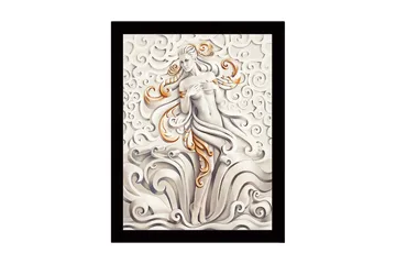 Innrammet lerretsbilde i tre - 41x56 cm - Elegant kvinnefigur omgitt av svaiende skyer og bølger - Grå / Beige / Oransje - Interiør - Maleri & posters - Lerretsbilder