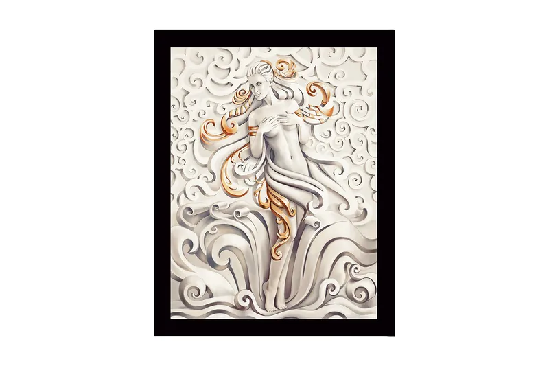 Innrammet lerretsbilde i tre - 41x56 cm - Elegant kvinnefigur omgitt av svaiende skyer og bølger - Grå / Beige / Oransje - Interiør - Maleri & posters - Lerretsbilder