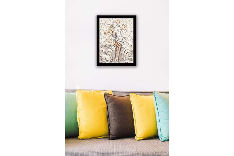 Innrammet lerretsbilde i tre - 41x56 cm - Elegant kvinnefigur omgitt av svaiende skyer og bølger - Grå / Beige / Oransje - Interiør - Maleri & posters - Lerretsbilder