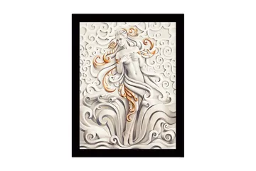 Innrammet lerretsbilde i tre - 41x56 cm - Elegant kvinnefigur omgitt av svaiende skyer og bølger - Grå / Beige / Oransje - Interiør - Maleri & posters - Lerretsbilder