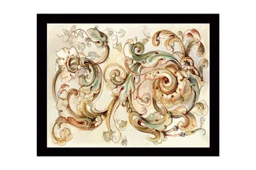 Innrammet lerretsbilde i tre - 41x56 cm - Elegante skriftruller og blomster i en harmonisk komposisjon - Lys grønn / Beige / Brun - Interiør - Maleri & posters - Lerretsbilder