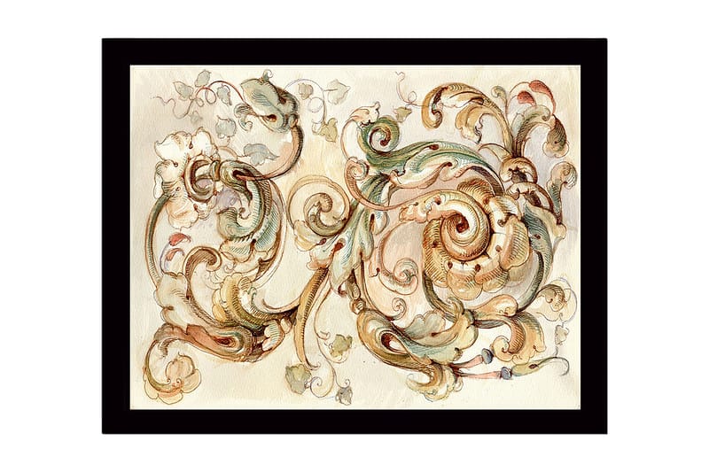 Innrammet lerretsbilde i tre - 41x56 cm - Elegante skriftruller og blomster i en harmonisk komposisjon, Lys grønn / Beige / Brun