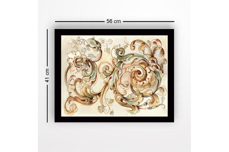 Innrammet lerretsbilde i tre - 41x56 cm - Elegante skriftruller og blomster i en harmonisk komposisjon - Lys grønn / Beige / Brun - Interiør - Maleri & posters - Lerretsbilder