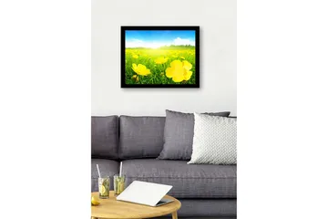 Innrammet lerretsbilde i tre - 41x56 cm - Eng med gule blomster i solrikt landskap - Gul / Grønn - Interiør - Maleri & posters - Lerretsbilder