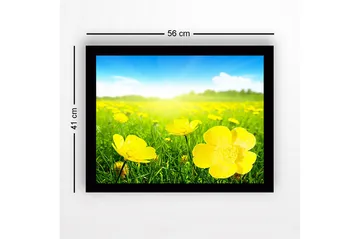 Innrammet lerretsbilde i tre - 41x56 cm - Eng med gule blomster i solrikt landskap - Gul / Grønn - Interiør - Maleri & posters - Lerretsbilder