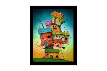 Innrammet lerretsbilde i tre - 41x56 cm - Fantasifull bygning med flere fargerike hus stablet oppå hverandre - Rød / Grønn / Blå - Interiør - Maleri & posters - Lerretsbilder