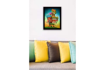 Innrammet lerretsbilde i tre - 41x56 cm - Fantasifull bygning med flere fargerike hus stablet oppå hverandre - Rød / Grønn / Blå - Interiør - Maleri & posters - Lerretsbilder