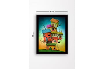 Innrammet lerretsbilde i tre - 41x56 cm - Fantasifull bygning med flere fargerike hus stablet oppå hverandre - Rød / Grønn / Blå - Interiør - Maleri & posters - Lerretsbilder