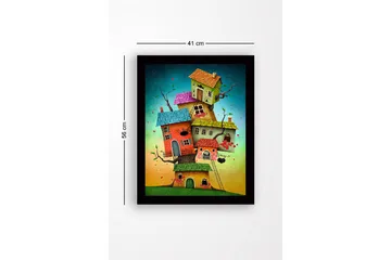 Innrammet lerretsbilde i tre - 41x56 cm - Fantasifull bygning med flere fargerike hus stablet oppå hverandre - Rød / Grønn / Blå - Interiør - Maleri & posters - Lerretsbilder