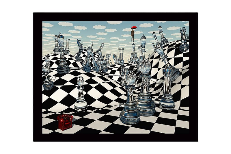 Innrammet lerretsbilde i tre - 41x56 cm - Fantasifullt sjakklandskap med gjennomsiktige sjakkbrikker og en figur med paraply, Blå / Svart / Hvit