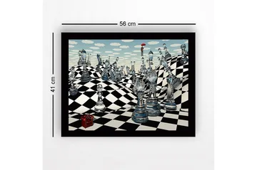 Innrammet lerretsbilde i tre - 41x56 cm - Fantasifullt sjakklandskap med gjennomsiktige sjakkbrikker og en figur med paraply - Blå / Svart / Hvit - Interiør - Maleri & posters - Lerretsbilder