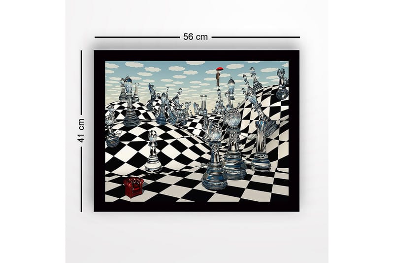 Innrammet lerretsbilde i tre - 41x56 cm - Fantasifullt sjakklandskap med gjennomsiktige sjakkbrikker og en figur med paraply - Blå / Svart / Hvit - Interiør - Maleri & posters - Lerretsbilder