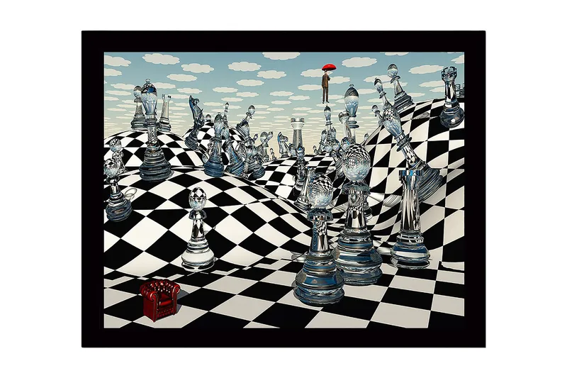 Innrammet lerretsbilde i tre - 41x56 cm - Fantasifullt sjakklandskap med gjennomsiktige sjakkbrikker og en figur med paraply, Blå / Svart / Hvit