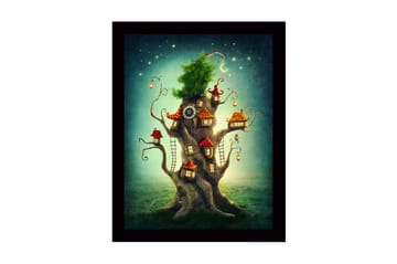 Innrammet lerretsbilde i tre - 41x56 cm - Fantasifullt tre med små hus og en frodig krone - Grønn / Brun / Rød - Interiør - Maleri & posters - Lerretsbilder