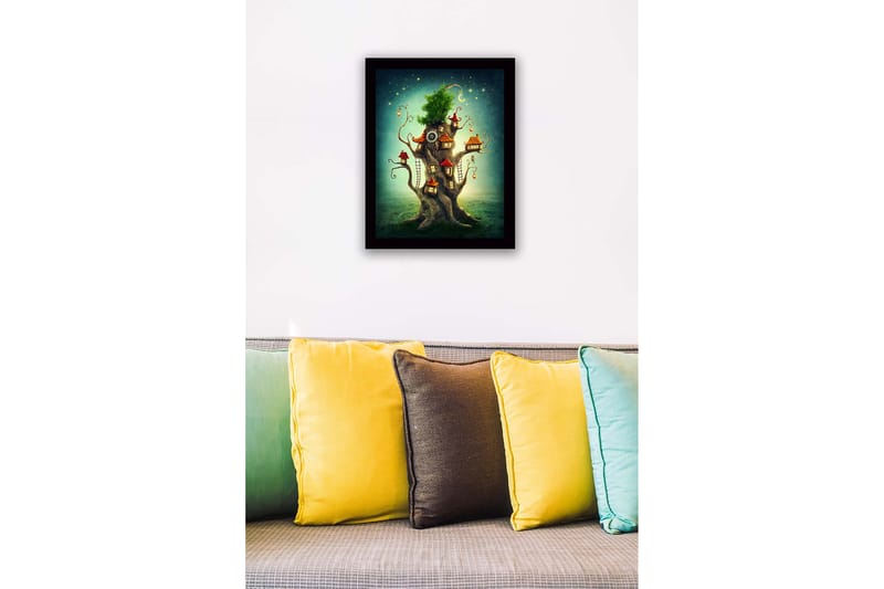 Innrammet lerretsbilde i tre - 41x56 cm - Fantasifullt tre med små hus og en frodig krone - Grønn / Brun / Rød - Interiør - Maleri & posters - Lerretsbilder