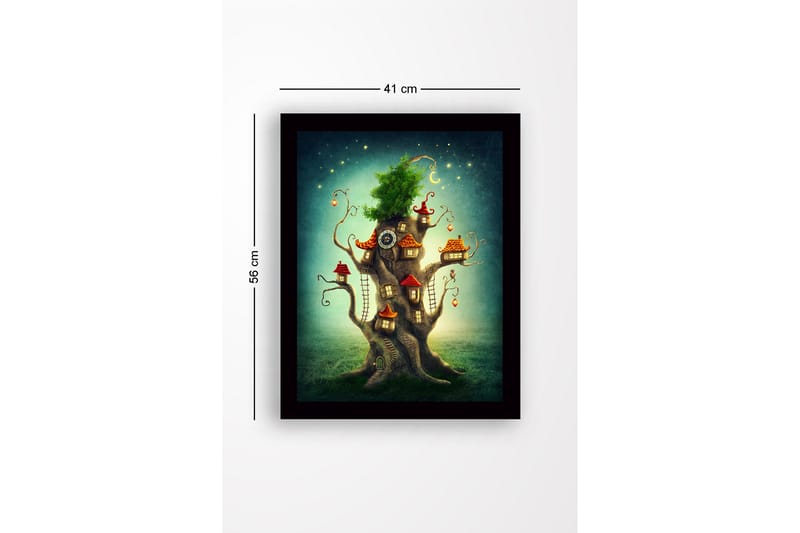 Innrammet lerretsbilde i tre - 41x56 cm - Fantasifullt tre med små hus og en frodig krone - Grønn / Brun / Rød - Interiør - Maleri & posters - Lerretsbilder