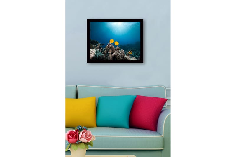 Innrammet lerretsbilde i tre - 41x56 cm - Fargefull fisk som svømmer blant korallrev - Gul / Blå / Grå - Interiør - Maleri & posters - Lerretsbilder