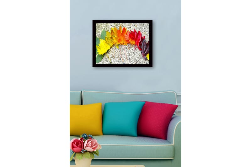 Innrammet lerretsbilde i tre - 41x56 cm - Fargefull rekke med høstblader i forskjellige nyanser - Gul / Oransje / Rød - Interiør - Maleri & posters - Lerretsbilder