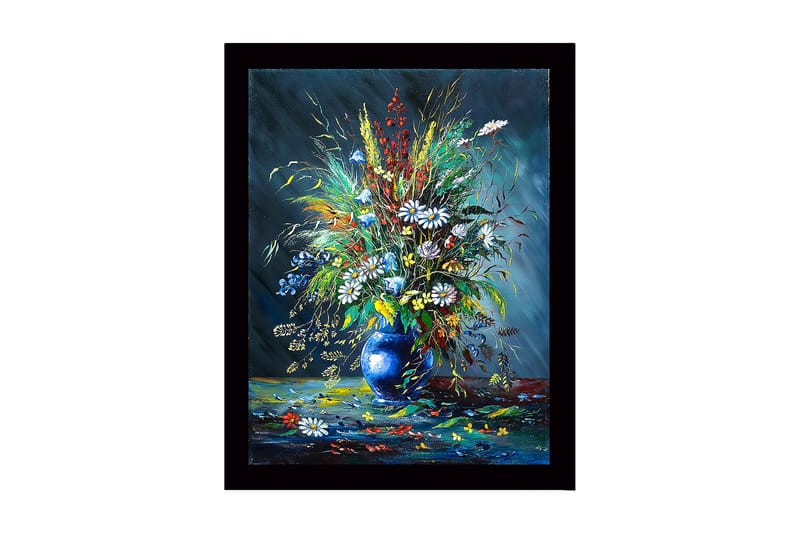 Innrammet lerretsbilde i tre - 41x56 cm - Fargerik blomsterbukett i en blå vase, Blå / Grønn / Hvit