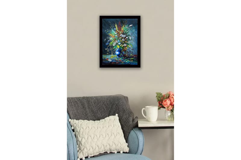 Innrammet lerretsbilde i tre - 41x56 cm - Fargerik blomsterbukett i en blå vase - Blå / Grønn / Hvit - Interiør - Maleri & posters - Lerretsbilder