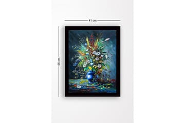 Innrammet lerretsbilde i tre - 41x56 cm - Fargerik blomsterbukett i en blå vase - Blå / Grønn / Hvit - Interiør - Maleri & posters - Lerretsbilder