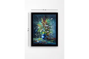 Innrammet lerretsbilde i tre - 41x56 cm - Fargerik blomsterbukett i en blå vase - Blå / Grønn / Hvit - Interiør - Maleri & posters - Lerretsbilder