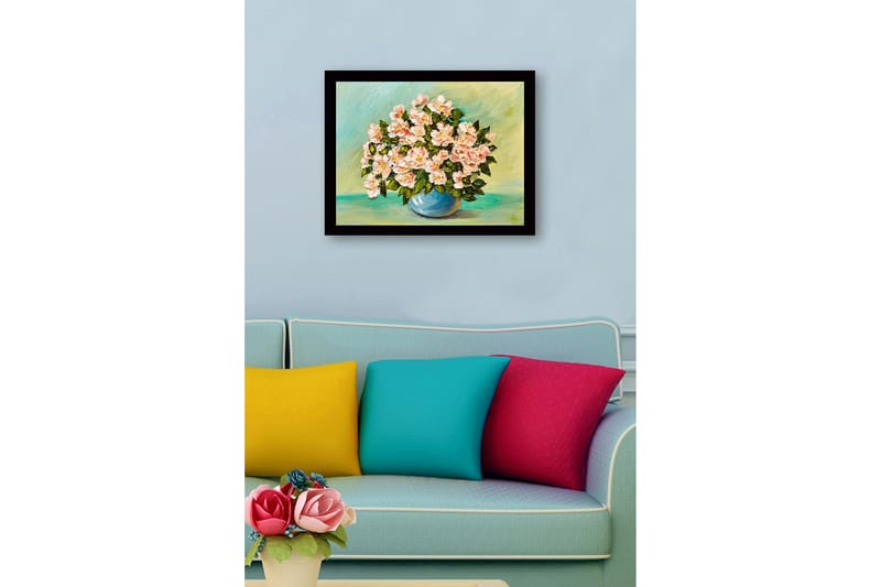 Innrammet lerretsbilde i tre - 41x56 cm - Fargerik blomsterbukett i en blå vase - Lys rosa / Grønn / Blå - Interiør - Maleri & posters - Lerretsbilder