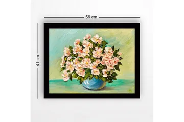 Innrammet lerretsbilde i tre - 41x56 cm - Fargerik blomsterbukett i en blå vase - Lys rosa / Grønn / Blå - Interiør - Maleri & posters - Lerretsbilder