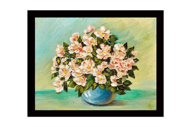 Innrammet lerretsbilde i tre - 41x56 cm - Fargerik blomsterbukett i en blå vase, Lys rosa / Grønn / Blå