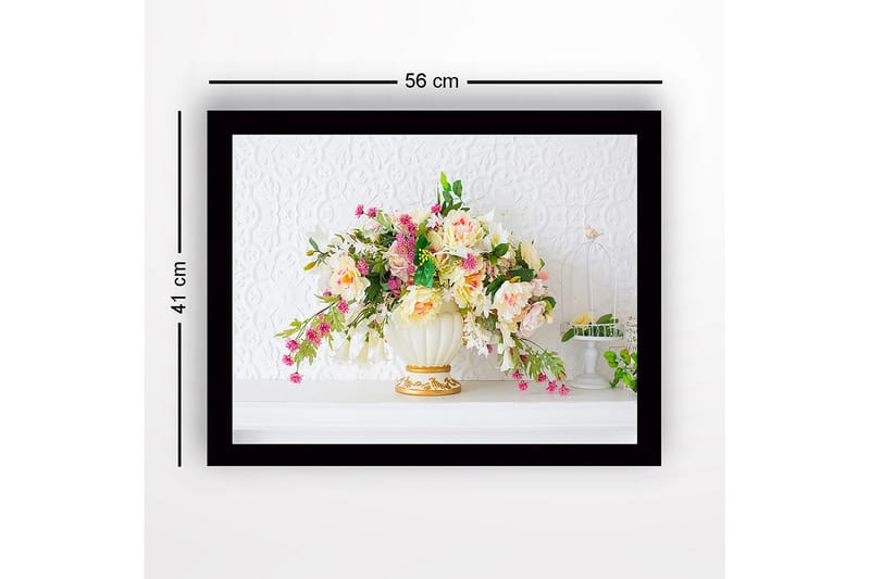 Innrammet lerretsbilde i tre - 41x56 cm - Fargerik blomsterbukett i en elegant vase - Lys rosa / Grønn / Hvit - Interiør - Maleri & posters - Lerretsbilder