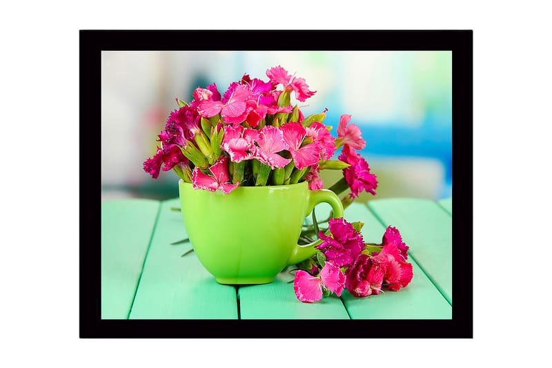Innrammet lerretsbilde i tre - 41x56 cm - Fargerik blomsterbukett i en grønn kopp, Grønn / Rosa