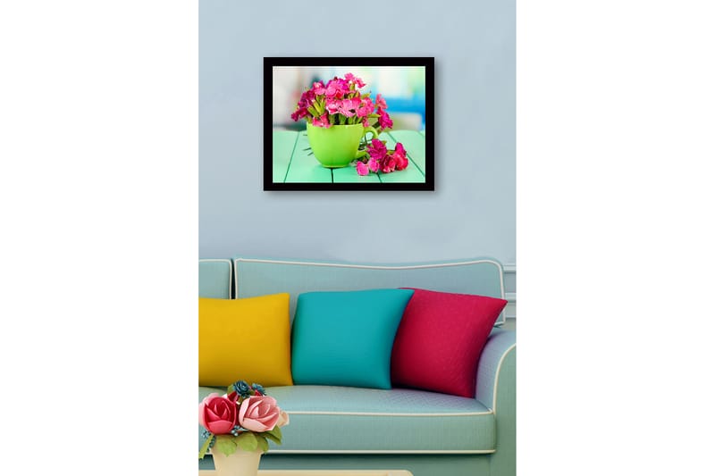 Innrammet lerretsbilde i tre - 41x56 cm - Fargerik blomsterbukett i en grønn kopp - Grønn / Rosa - Interiør - Maleri & posters - Lerretsbilder