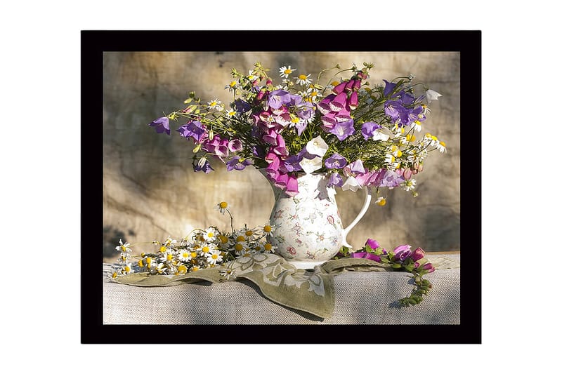 Innrammet lerretsbilde i tre - 41x56 cm - Fargerik blomsterbukett i en keramisk mugge, Lilla / Hvit / Gul