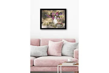 Innrammet lerretsbilde i tre - 41x56 cm - Fargerik blomsterbukett i en keramisk mugge - Lilla / Hvit / Gul - Interiør - Maleri & posters - Lerretsbilder