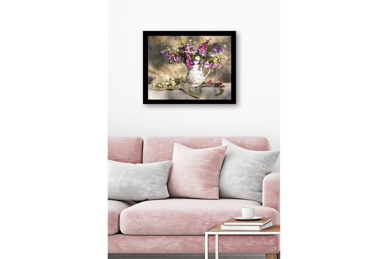 Innrammet lerretsbilde i tre - 41x56 cm - Fargerik blomsterbukett i en keramisk mugge - Lilla / Hvit / Gul - Interiør - Maleri & posters - Lerretsbilder